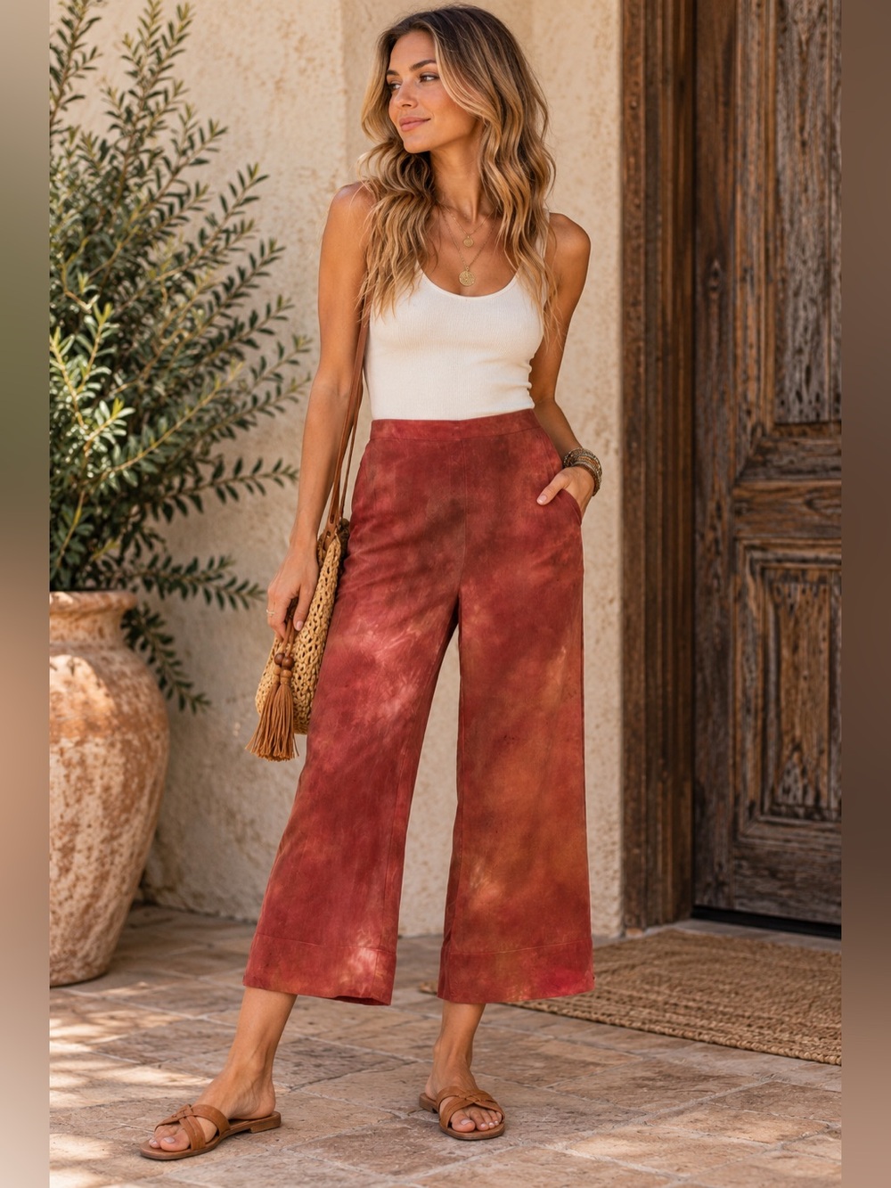 Johnny Was Amanda Bond Gillian Crop Pants XS Silk Tie Dye Red Boho